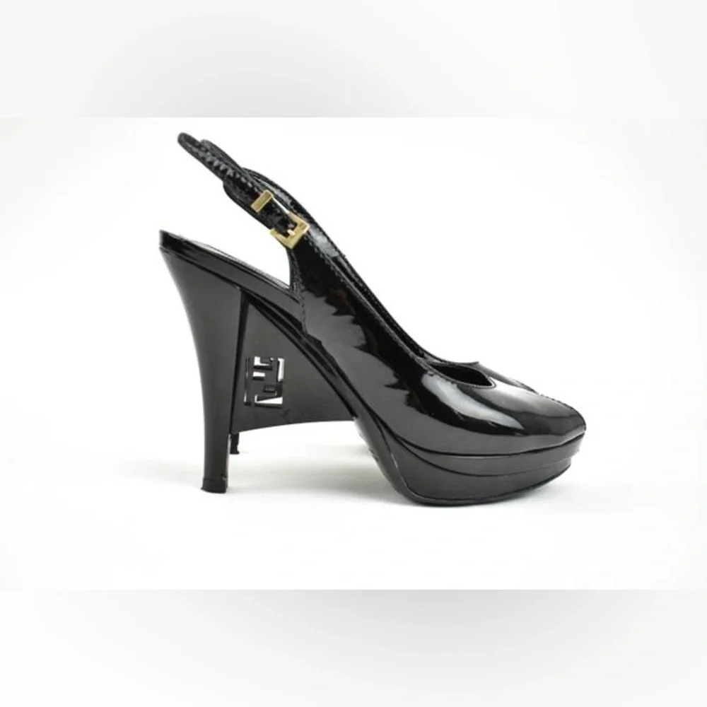 FENDI Black Patent Leather Slingback Logo Heel Peeptoe Sandals 36